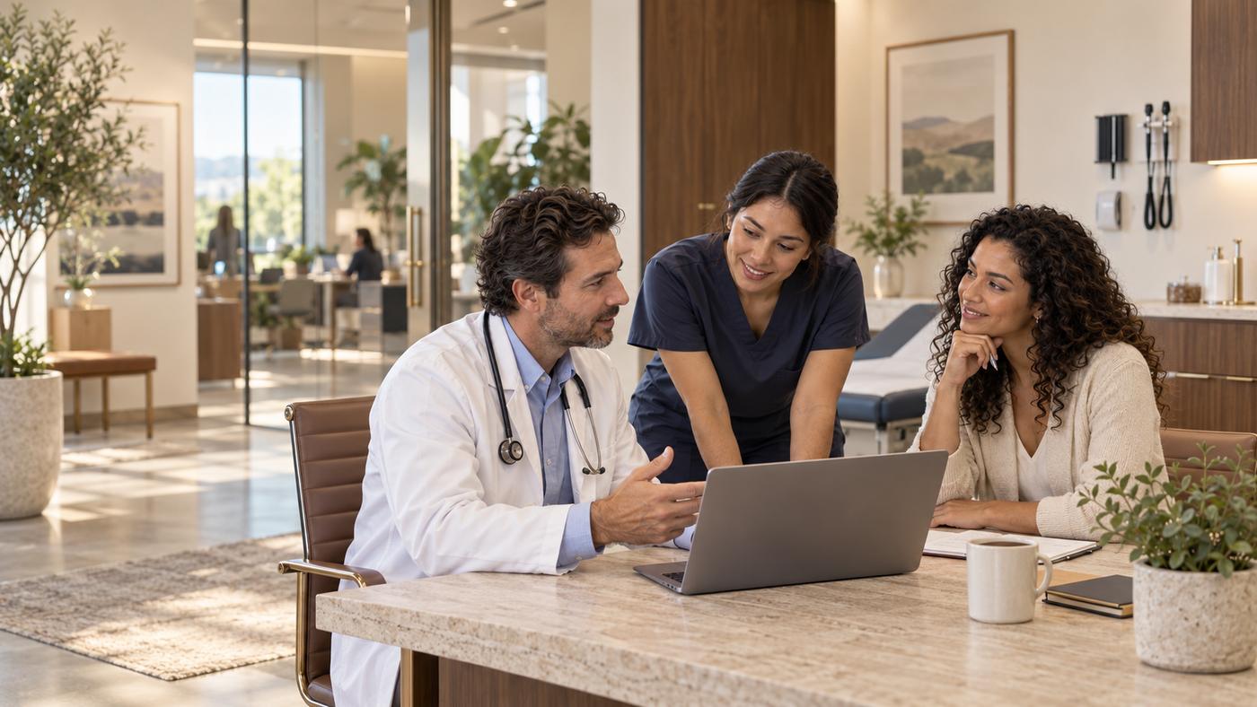A provider, a nurse and a practice owner working together at a laptop