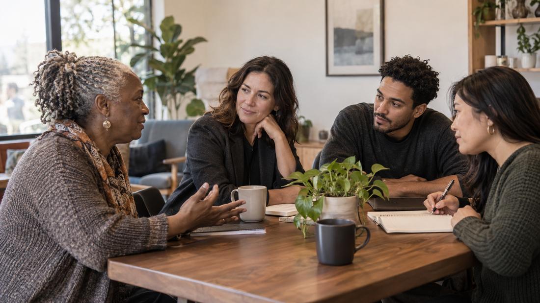 Four people talking around a table with coffee