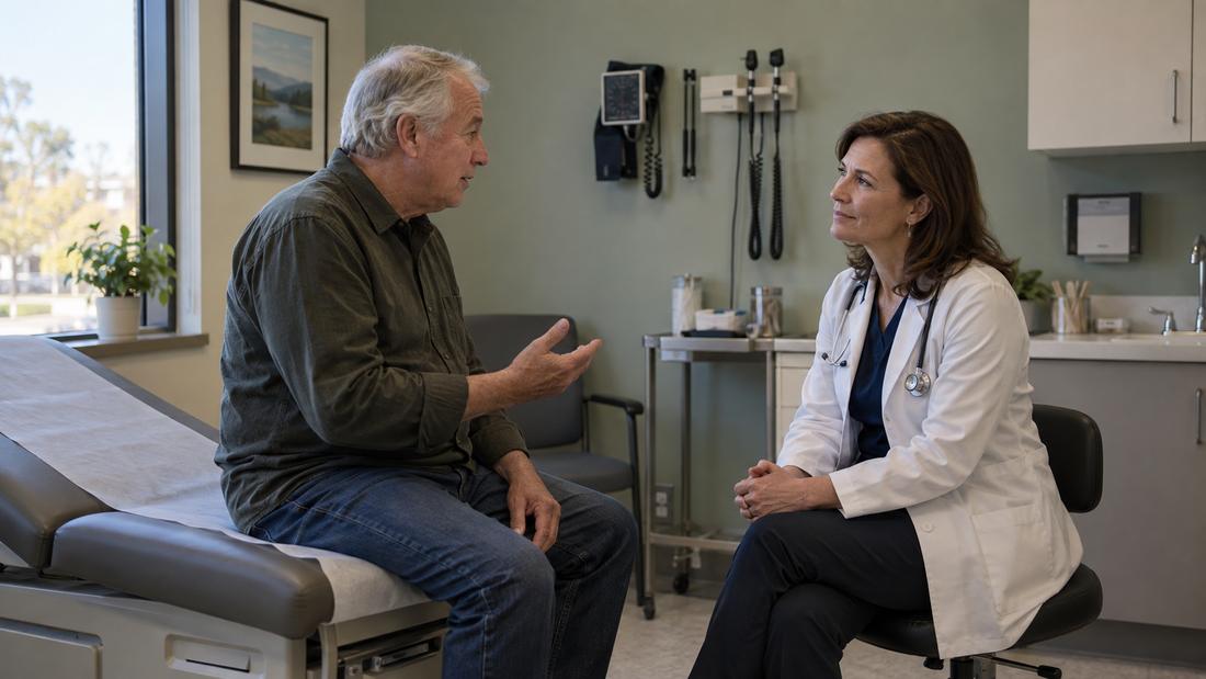 A provider listening to a patient in an exam room