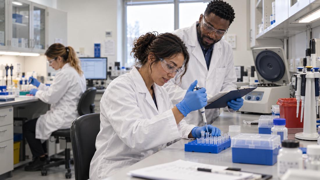 A lab technician pipetting samples while a colleague reviews results