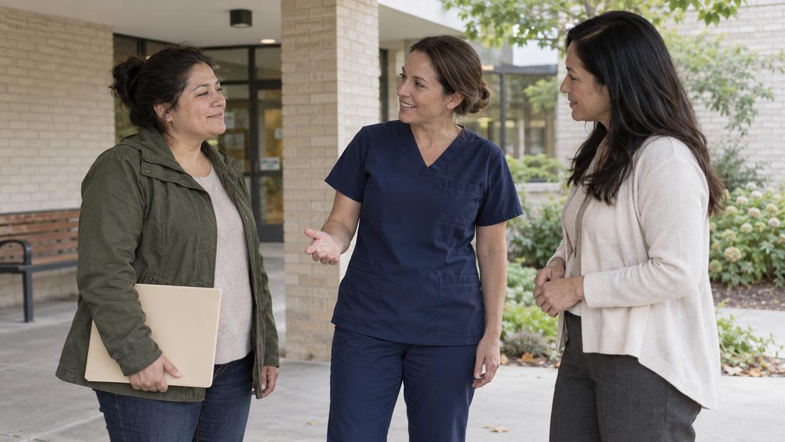 A nurse talking warmly with two women outside a clinic