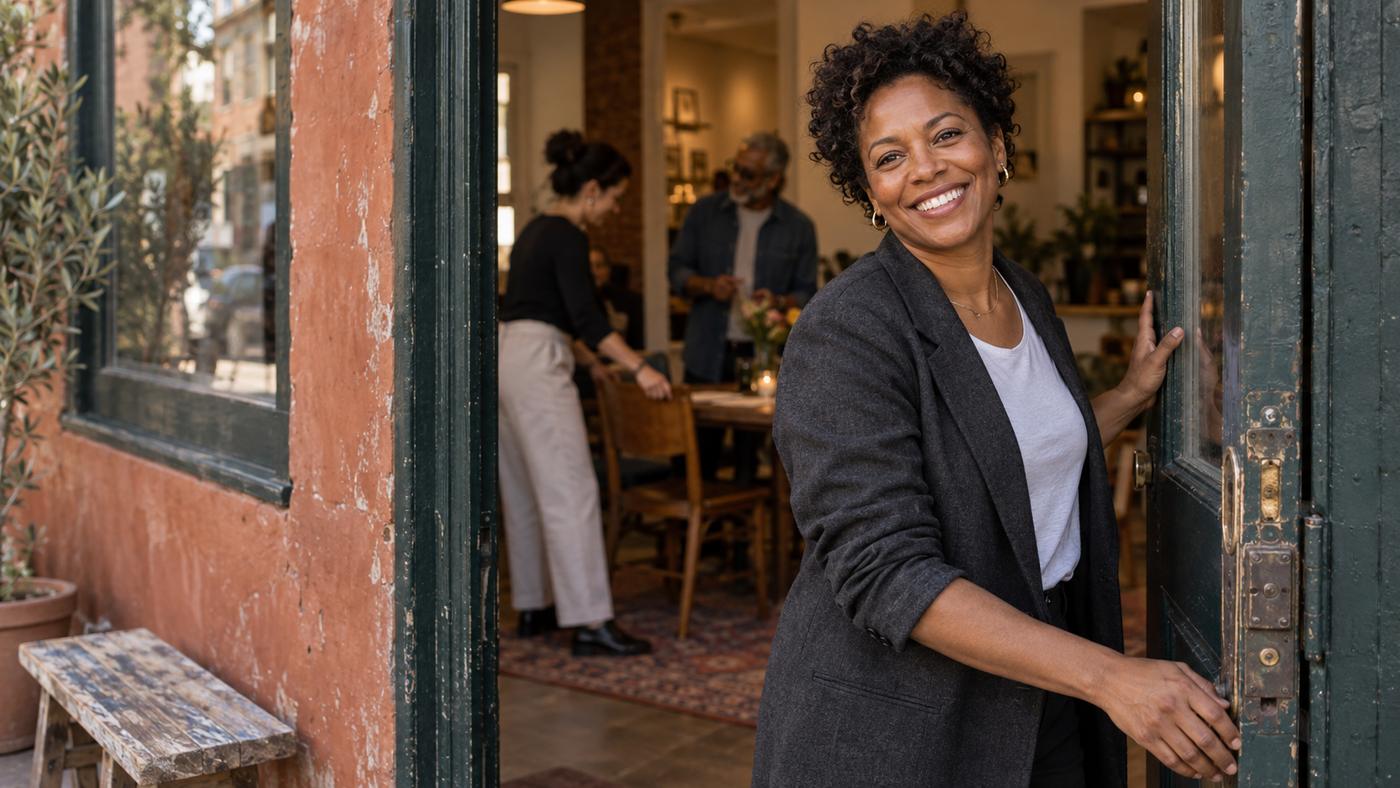 A practice owner welcoming people through her front door