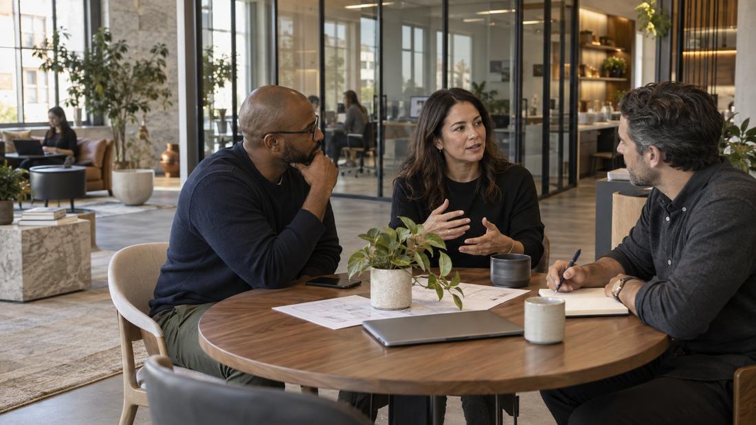 Three business owners planning together around a table