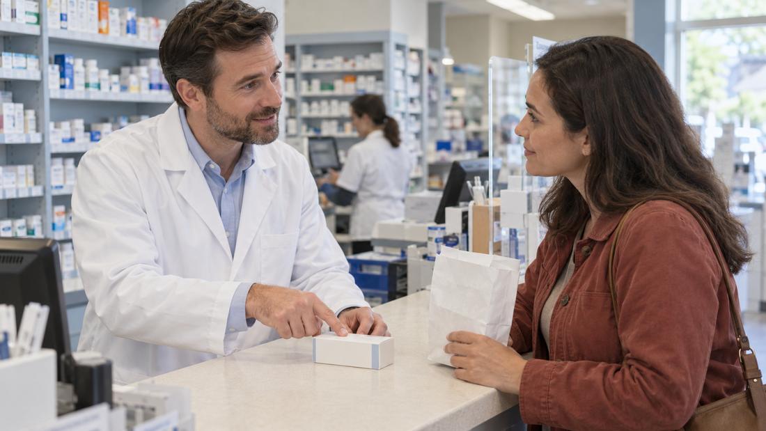 A pharmacist explaining a prescription at the counter