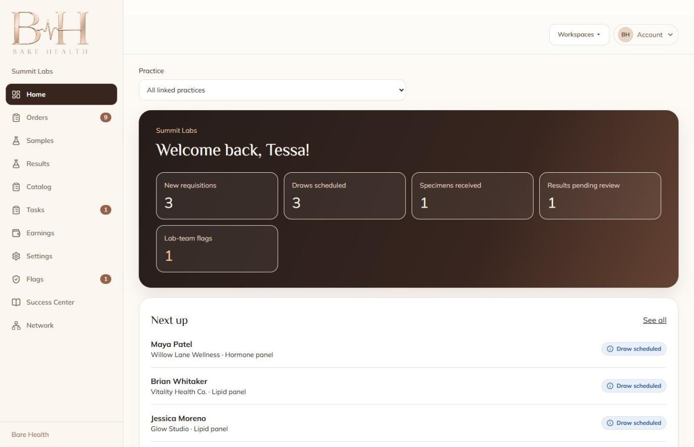The lab dashboard in Bare Health