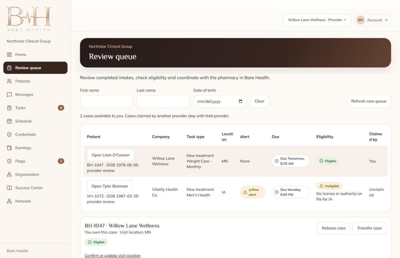The provider review queue in Bare Health