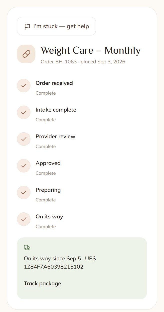 Order tracking from approval to delivery.