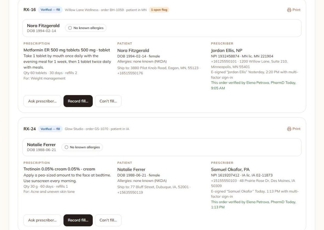 Verify, record the fill with lot and beyond-use date, then ship with tracking.