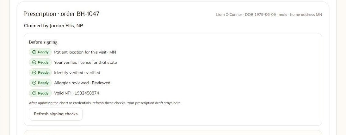 Five checks before anyone can sign: location, license, identity, allergies, NPI.
