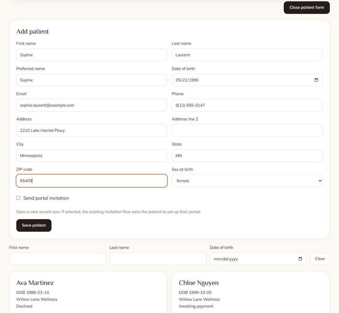Add a patient by hand, with or without a portal invitation.