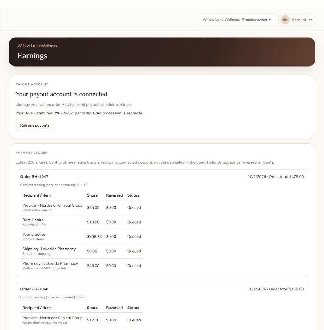 Each order splits automatically between the practice, provider, pharmacy and Bare Health.