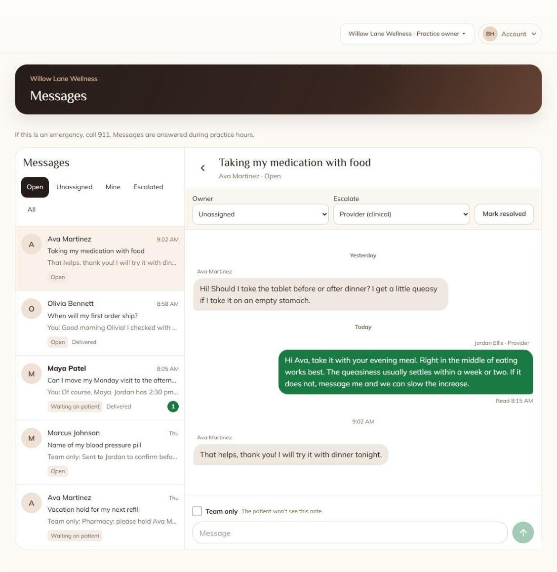 Patients message the practice, providers answer, and team-only notes stay internal.
