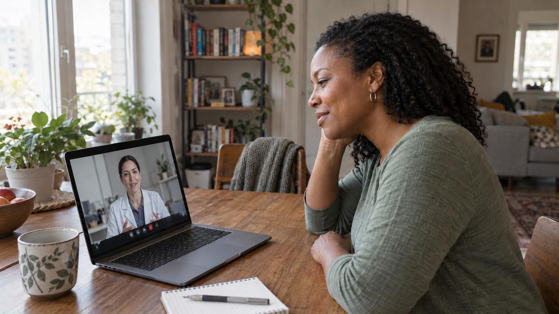 A patient on a video visit with her provider from home